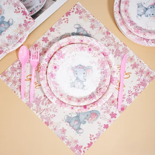 Vista 6 de Bokon Juego de 300 platos de elefante para baby shower, para 50 vajillas, incluye platos, servilletas, tenedores, cucharas, cuchillos, elefante