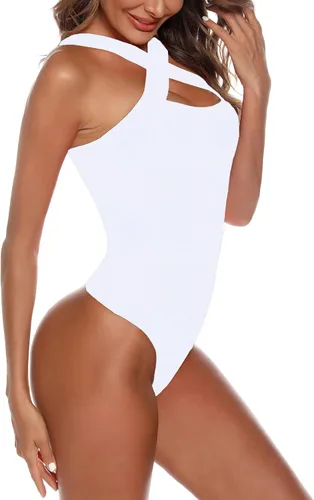 Vista 2 de Quzzion Body sexy para mujer cuello halter cruzado sin mangas doble forro overol