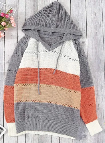 Vista 5 de FEKOAFE Sudaderas con capucha de bloque de color a rayas de otoño 2025 para mujer, suéter de punto con cuello en V