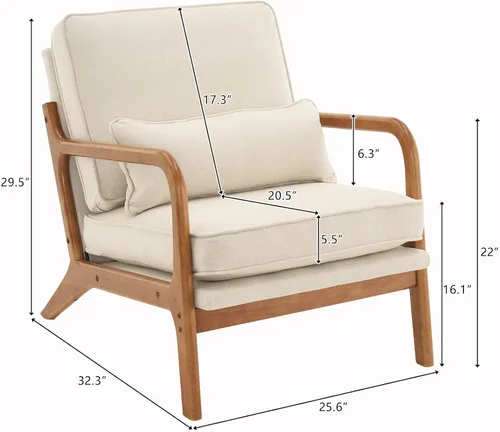 Vista 3 de Lestar Sillón individual, sillas de sofá de acento moderno, asiento tapizado de lino con cojín de respaldo y almohada para sala de estar (beige)