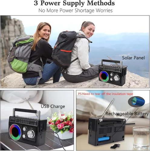 Vista 2 de Radios portátil AM FM, radio portátil retro con altavoz Bluetooth y linterna, recepción fuerte con luces de humor coloridas, tarjeta TF, energía