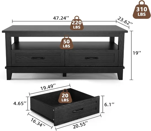 Vista 2 de GarveeHome - Mesa de café de estilo granja con cajones, mesa de centro rústica de 47.2 pulgadas, mesa de sala de estar negra, con estante abierto