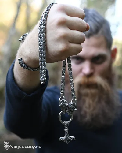 Vista 7 de VikingsBrand Handmade Stainless Steel Thors Hammer Necklace with Wolf Heads Mjolnir Pendant Viking Gifts for Men Norse Jewelry for Men Authentic