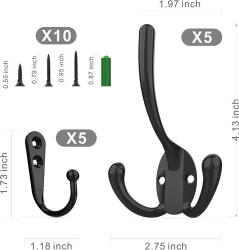 Vista 7 de ZAYBOD Paquete de 10 Ganchos Negros de Servicio Pesado Montados en la Pared con 30 Tornillos - Vestíbulo, Mochila, Bata, Ganchos para Sombreros