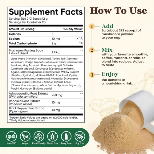 Vista 8 de Fidus Suplemento en Polvo de 16 Hongos con 17,300mg, 90 Porciones de Alternativa de Café de Hongos para Inmunidad, Concentración y Energía