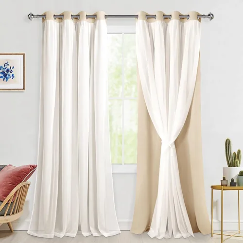 Vista 16 de Hiasan Cortinas opacas con superposición transparente, aislamiento térmico para mezclar y combinar de doble capa, cortinas de oscurecimiento de Beige