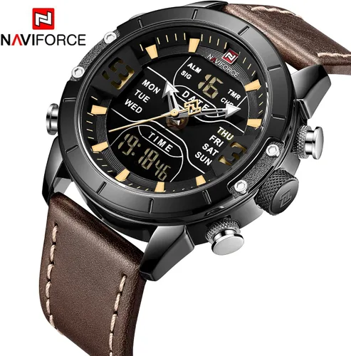 Vista 2 de NAVIFORCE Reloj deportivo digital para hombre, de cuero, cuarzo, impermeable, militar, cronógrafo, despertador, relojes de pulsera