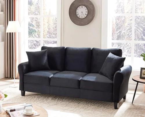 Vista 8 de Sofá tapizado de terciopelo de 3 plazas con 2 almohadas, sofá moderno de 78 pulgadas con patas de madera maciza para sala de estar, apartamento