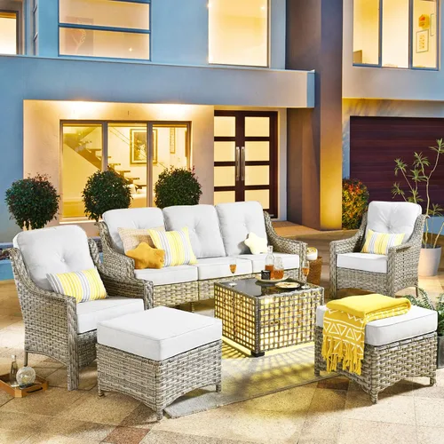 Vista 43 de HOOOWOOO Sofá de patio de 3 plazas de mimbre para exteriores, resistente a todo tipo de clima, con respaldo alto, muebles a juego (beige y bronceado)