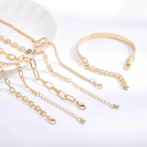 Vista 6 de Pulsera de mano italiana gruesa de oro Figaro con cadena delicada para mujeres y niñas, 6 unidades (dorado), Talla única, aleación