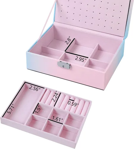 Vista 8 de Kendal Joyero para mujeres y niñas, organizador de joyas de 2 capas, piel sintética con cierre y forro de terciopelo suave, portátil, almacenamiento