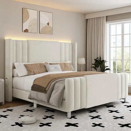 Vista 10 de Lihimte Marco de cama tamaño Queen con cabecera alta y estribo, marco de cama tapizado en bouclé y corduroy con luces LED, marco de cama de Negro