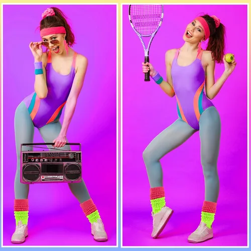 Vista 4 de Calcetines holgados de neón para mujer, calcetines altos hasta la rodilla de los años 80 y 90 con aretes de neón y coleteros para fiesta de los años