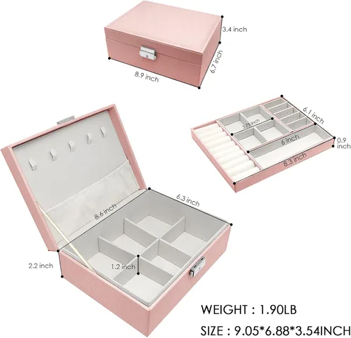 Vista 3 de XMJXBOX Organizador de joyas de 2 capas, joyero para mujeres y niñas, caja organizadora de joyas de piel sintética con cerradura de llave