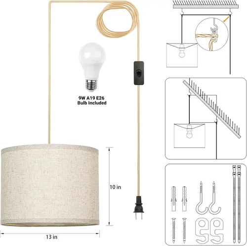 Vista 5 de Luz Colgante Enchufable, Lámpara Colgante con Cable Enchufable, Luces Colgantes Rústicas de Granja con Bombilla Regulable de 3 Vías, Accesorios