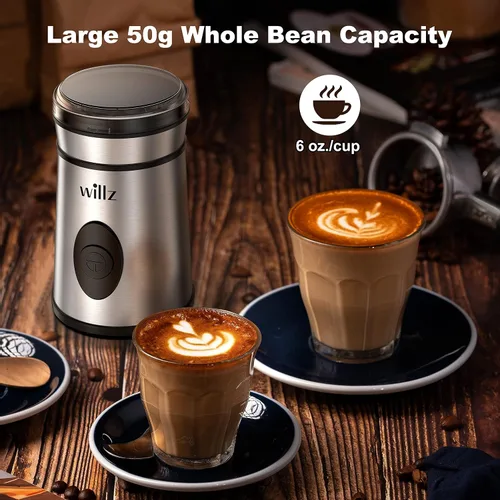 Vista 2 de Willz Molinillo de café eléctrico para granos de café, especias y hierbas con control de botón fácil de encendido/apagado, capacidad de molienda
