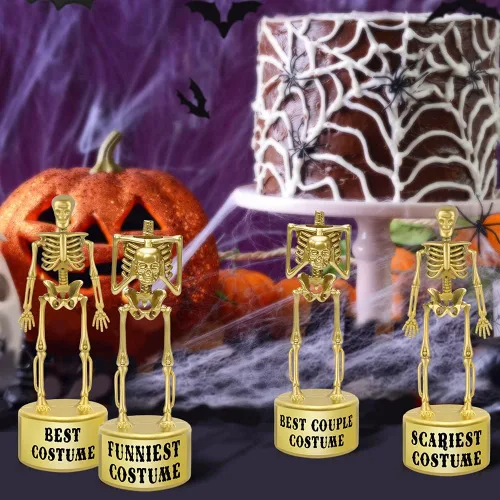 Vista 2 de Suministros para fiesta de Halloween, paquete de 4 trofeos de esqueleto