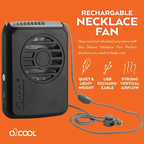 Vista 2 de O2COOL Ventilador de enfriamiento de cordón ajustable con batería USB de viaje personal para cuello portátil, (negro)