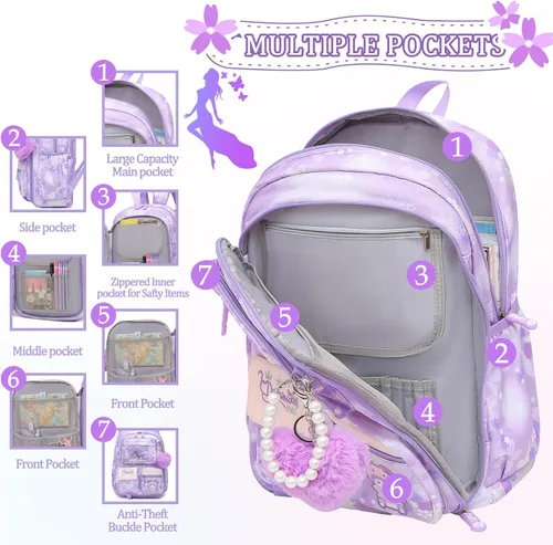 Vista 2 de Linda Mochila para Niñas Escolar Bolso para Estudiantes Niños Bolso de Libro con Múltiples Bolsillos Mochila Infantil Resistente a Salpicaduras