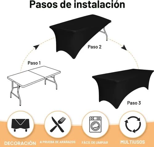 Vista 4 de Paquete de 2 manteles de elastano negro de 4 pies para mesas rectangulares, ajustado y elástico, lavable, resistente a las arrugas, perfecto