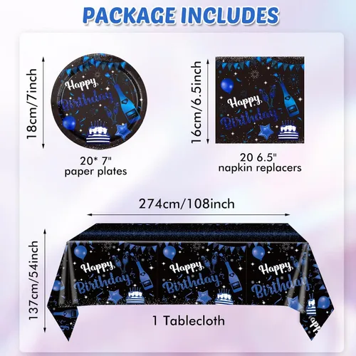 Vista 2 de Juego de 41 piezas de vajilla de decoración de fiesta de cumpleaños azul marino y negro, incluye platos, servilletas, mantel para hombres y mujeres