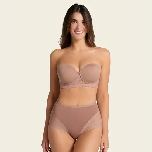 Vista 2 de Leonisa Faja Invisible de Cintura Alta con Control de Abdomen para Mujeres - Ropa Interior de Encaje a Rayas para Damas Panties Marrón claro