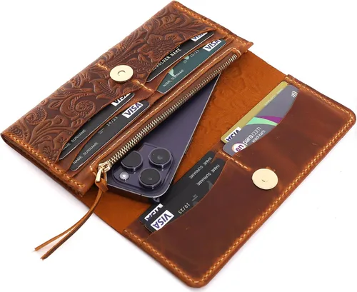 Vista 4 de Toros Craft Cartera larga hecha a mano para mujer, de cuero de gran capacidad, carteras florales occidentales, funda para teléfono celular, funda