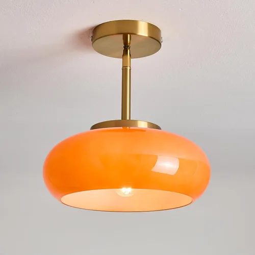 Vista 4 de FCTWAKS Lámpara de techo semiempotrada dorada moderna de 11 pulgadas con pantalla de cristal naranja, lámpara de mediados de siglo para pasillo