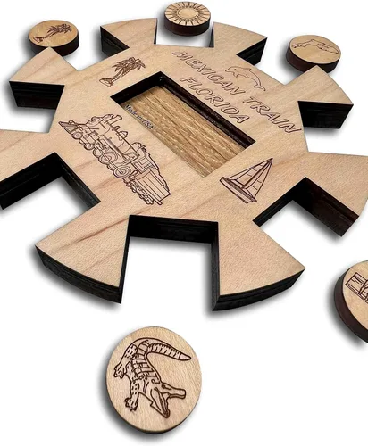Vista 3 de Tren Mexicano *Edición Florida* Hub y Tokens juego de dominó de madera
