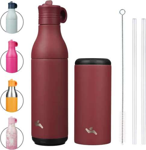 Vista 24 de Konokyo Botella de agua de acero inoxidable de 13 onzas con pajilla, aislada, botella de viaje de metal reutilizable con parte inferior extraíble