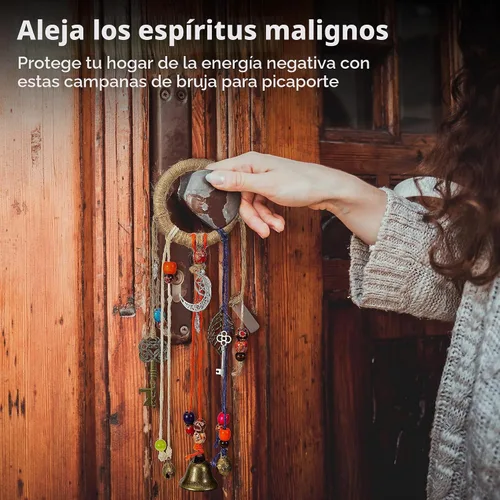 Vista 2 de Campanas de bruja para protección de pomo de puerta, campana de altar Wicca para protección de energía negativa, decoración de pomo de puerta