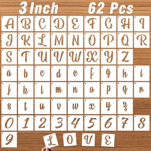 Vista 10 de Plantillas de letras de 1 pulgada para pintar sobre madera, 62 plantillas de caligrafía del alfabeto y números, plantillas de letras cursivas