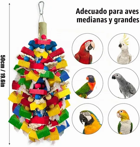 Vista 2 de Juguetes de loros para pájaros grandes, bloques de madera multicolor para masticar, jaula de loro, juguete para mordeduras para guacamayos