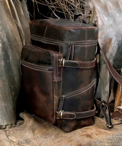 Vista 3 de HLC Mochila de cuero genuino para computadora portátil para hombres y mujeres, mochila genuina de gran capacidad, para negocios, retro, viajes