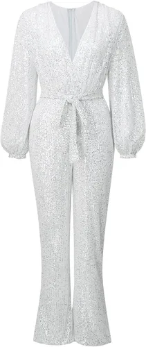 Vista 3 de Hugncmy Mono de manga larga con cuello en V para mujer, estilo casual, sexy, con lentejuelas, pantalones de pierna ancha, trajes de cuerpo