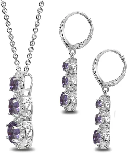 Vista 2 de Juego de collar y aretes de 3 piedras preciosas genuinas o sintéticas de plata esterlina para mujer