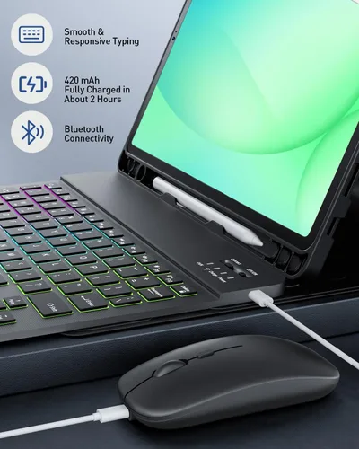 Vista 7 de Funda de teclado para tableta Samsung Galaxy Tab A11 Plus de 11 pulgadas 2025 / A9+ Plus 2023, teclado y mouse inalámbricos con retroiluminación