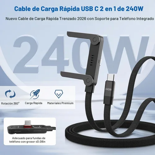 Vista 2 de Paquete de 3 cables USB C a USB C con soporte de teléfono integrado en ángulo recto de 90°, 240 W, 5 pies, cable de carga rápida trenzado de nailon