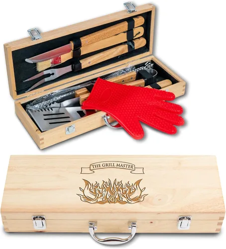 Vista 12 de Juego de parrilla BBQ de 11 piezas con caja de madera de arce grabada, herramientas de barbacoa de acero inoxidable premium con mangos de madera