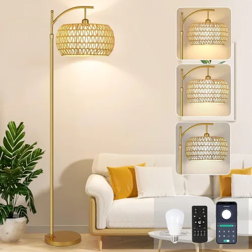 Vista 21 de Lámparas de pie doradas para sala de estar, dormitorio, lámpara de pie de cristal con control remoto y pantalla rosa, lámpara de pie regulable