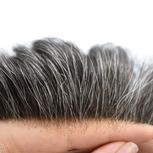 Vista 16 de Toupee para hombres, sistema de reemplazo de cabello humano Remy, nudos blanqueados, encaje frontal, piel fina, para hombre, color gris, pelucas