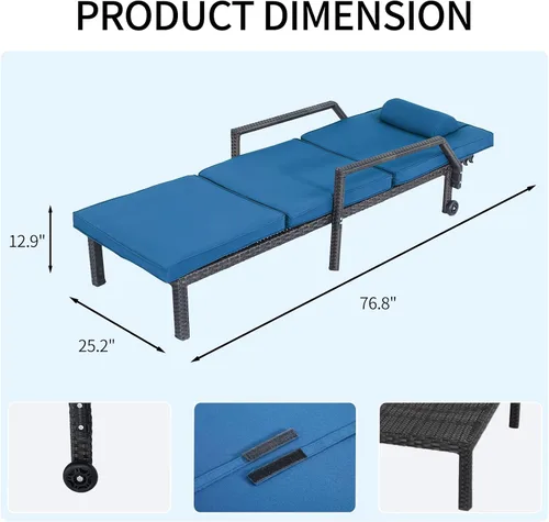 Vista 5 de Patio Chaise Lounge reclinable ajustable de ratán, azul claro, 1