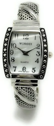 Vista 2 de Wincci Estuche rectangular para mujer con pequeños tachuelas, brazalete de metal, reloj analógico de cuarzo, esfera de nácar fácil de leer, números