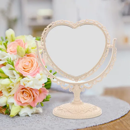 Vista 6 de Lurrose - Espejo de tocador con forma de corazón, espejo de maquillaje de doble cara con espejo de mesa de 360 grados con soporte para baño