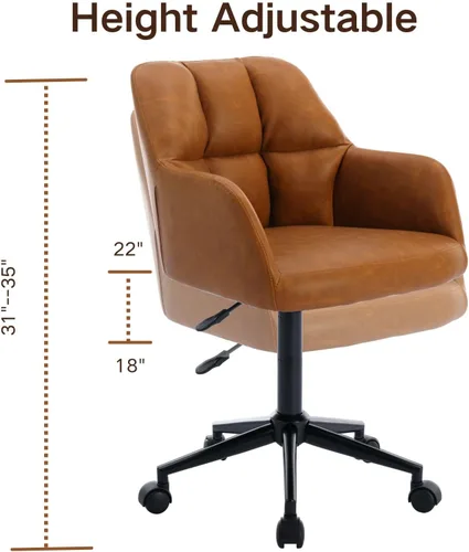 Vista 4 de Silla de oficina en casa marrón con ruedas, silla ajustable para computadora, silla de escritorio giratoria con respaldo medio, silla tapizada