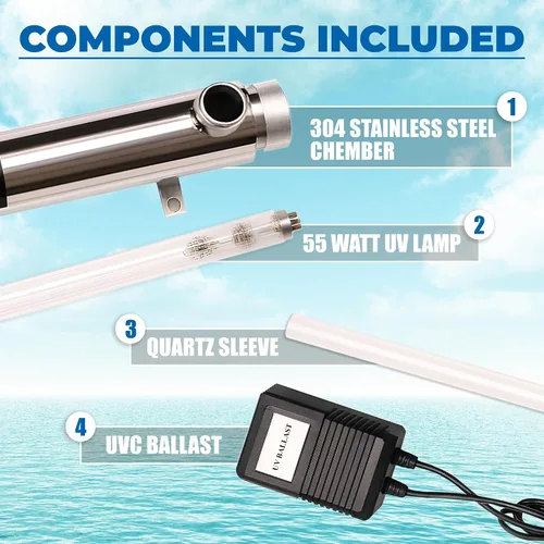 Vista 3 de Ozmosis Filtro purificador de agua ultravioleta para toda la casa, 55 W, unidad UV de acero inoxidable de 120 V, entrada/salida MNPT de 1/2 pulgada