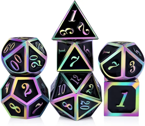 Vista 13 de DNDND - Dados de diseño antiguo, 7 dados de metal de latón con caja de metal para juegos de mesa como Dungeons and Dragons