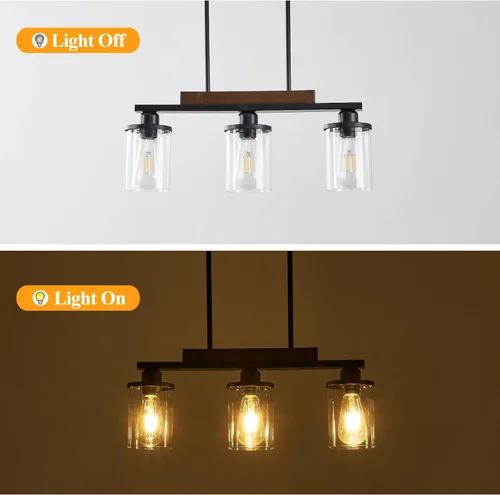 Vista 5 de Lámpara de comedor,Lámpara de cocina de 3 luces para iluminación de granja, iluminación colgante industrial de madera de metal negro mate,Luces