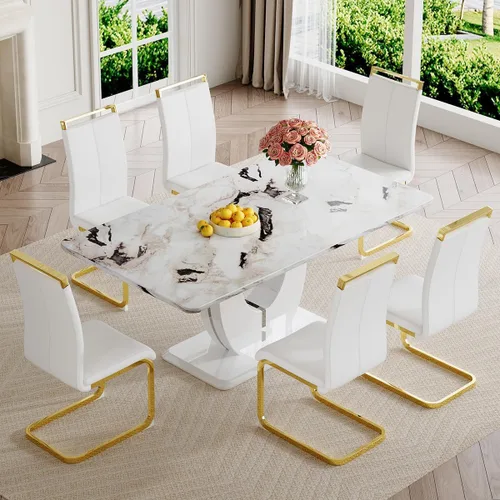 Vista 30 de JUFU Juego de mesa de comedor moderno para 4, juego de mesa de cocina rectangular de 63 pulgadas con mesa de mármol sintético y 4 sillas tapizadas