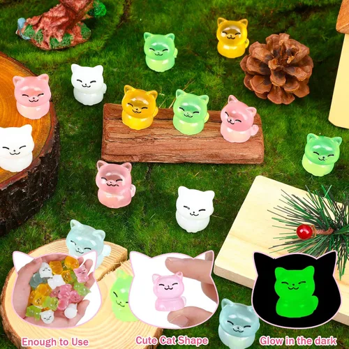 Vista 7 de 50 piezas de mini figuras luminosas de resina de animales de gato pequeño que brillan en la oscuridad, estatuas de gatos en miniatura adornos
